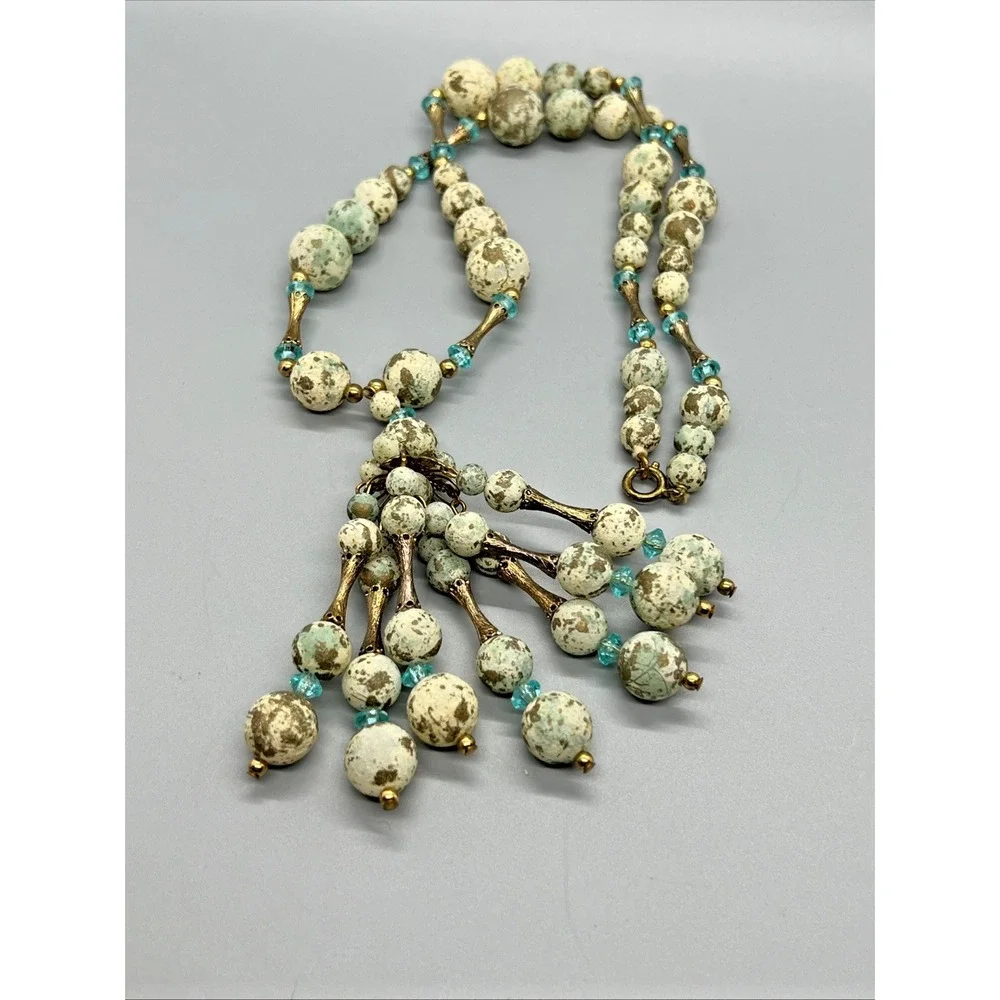 Vintage Beaded Tassel Necklace Textured‎ Speckled  Finish